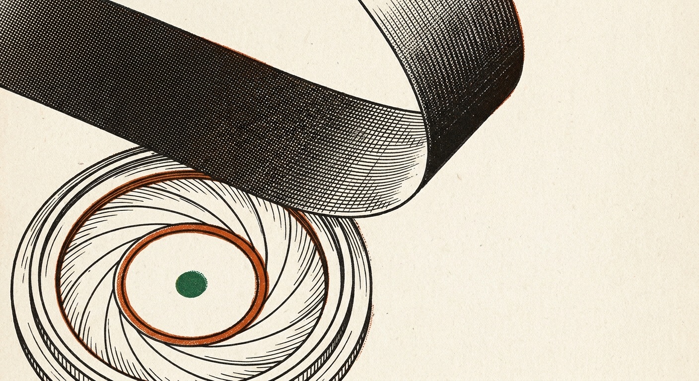 A dark band lifting away to reveal an iris diaphragm beneath it, drawn as an engraved instrument.