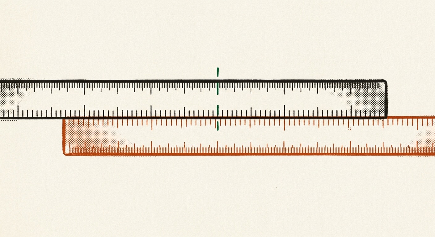 Two precision measuring rules laid one above the other, their graduations not quite aligning.