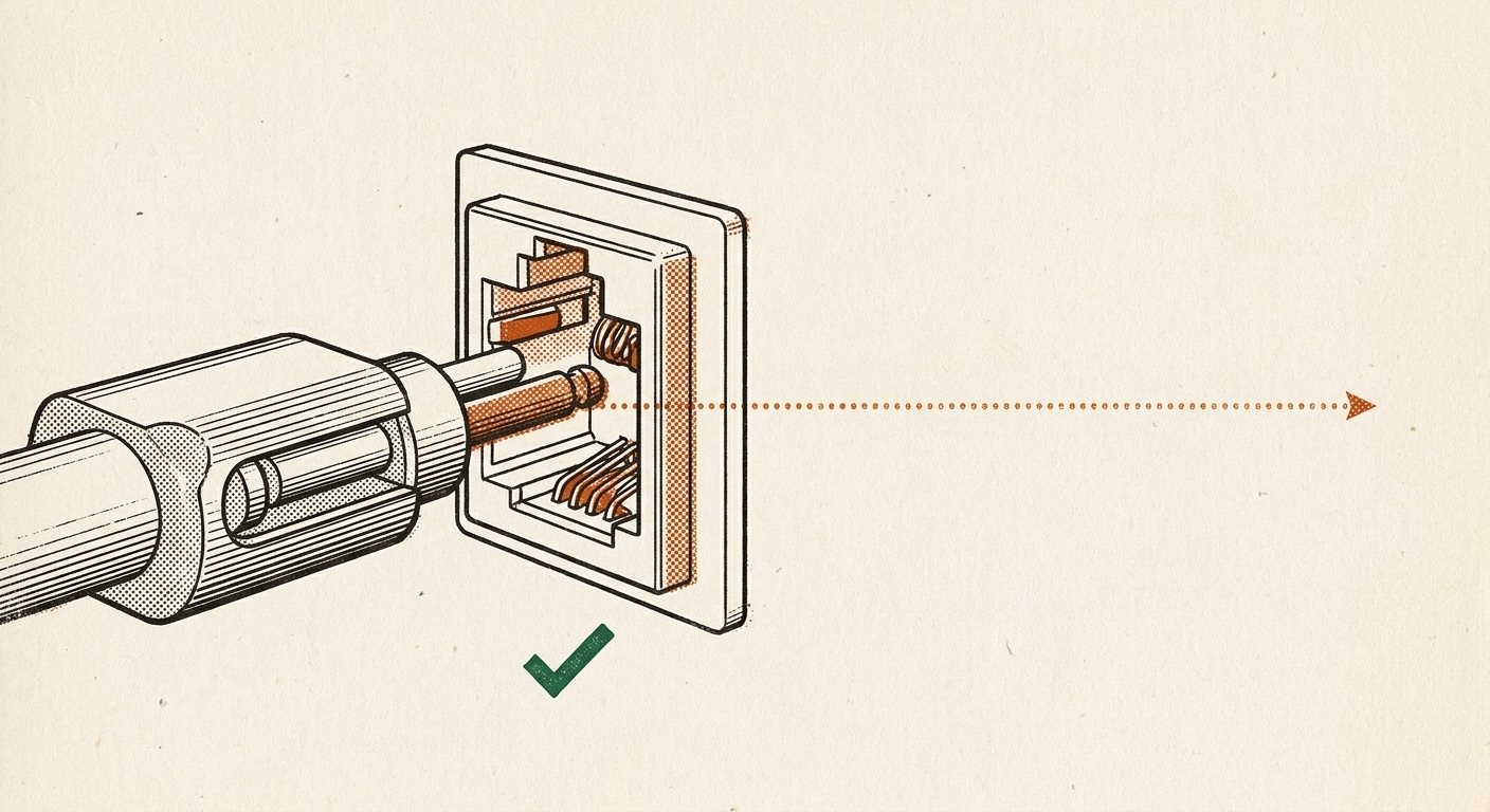 A cutaway diagram of a plug seated firmly in a socket, a dotted line running onward from the connection.
