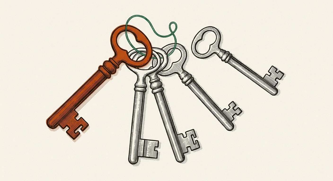 Four antique keys fanned out, the largest picked out in orange with a thread looped through its bow.