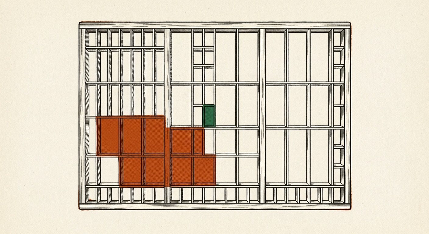 An overhead plan of a typesetter's case of many compartments, only a small cluster of them filled in.