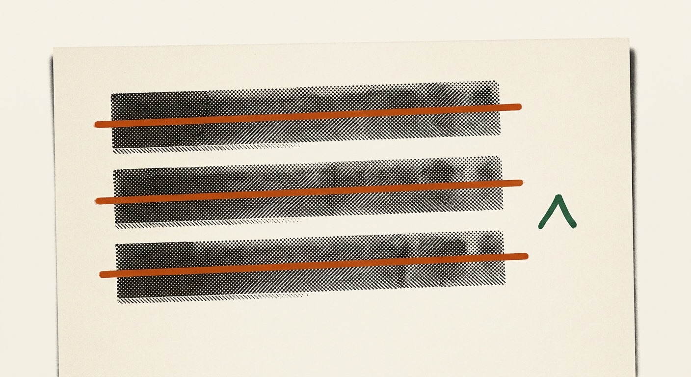 A sheet of paper with three bands of type struck through in orange, a correction caret in the margin.