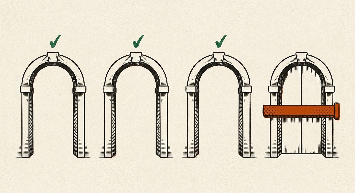 Four arched gateways; three stand open and the fourth is closed off by a single heavy bolt.