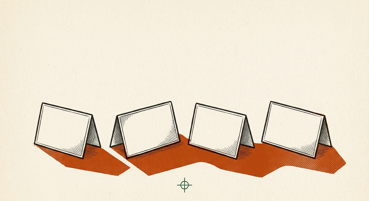 Four identical folded cards standing in a row, all of them casting one single shared shadow.