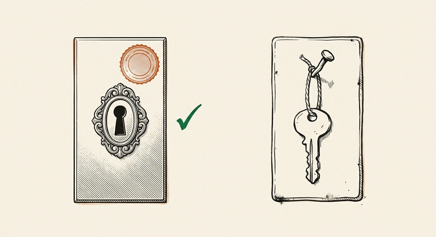 Two door plates side by side — one bearing an official seal, one with a duplicate key hung on a nail.