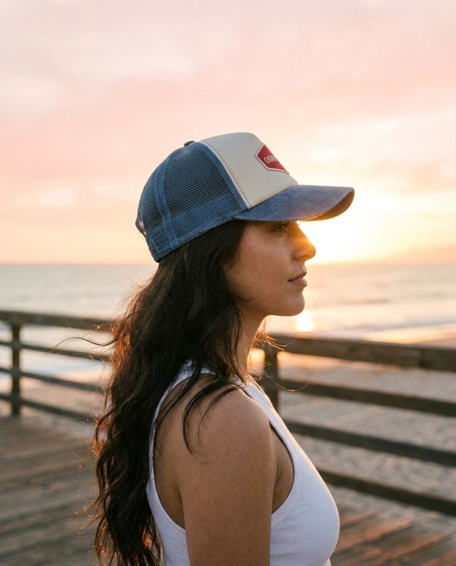 AI variant: woman in GOOD DAY cap in profile on a beach boardwalk at sunset